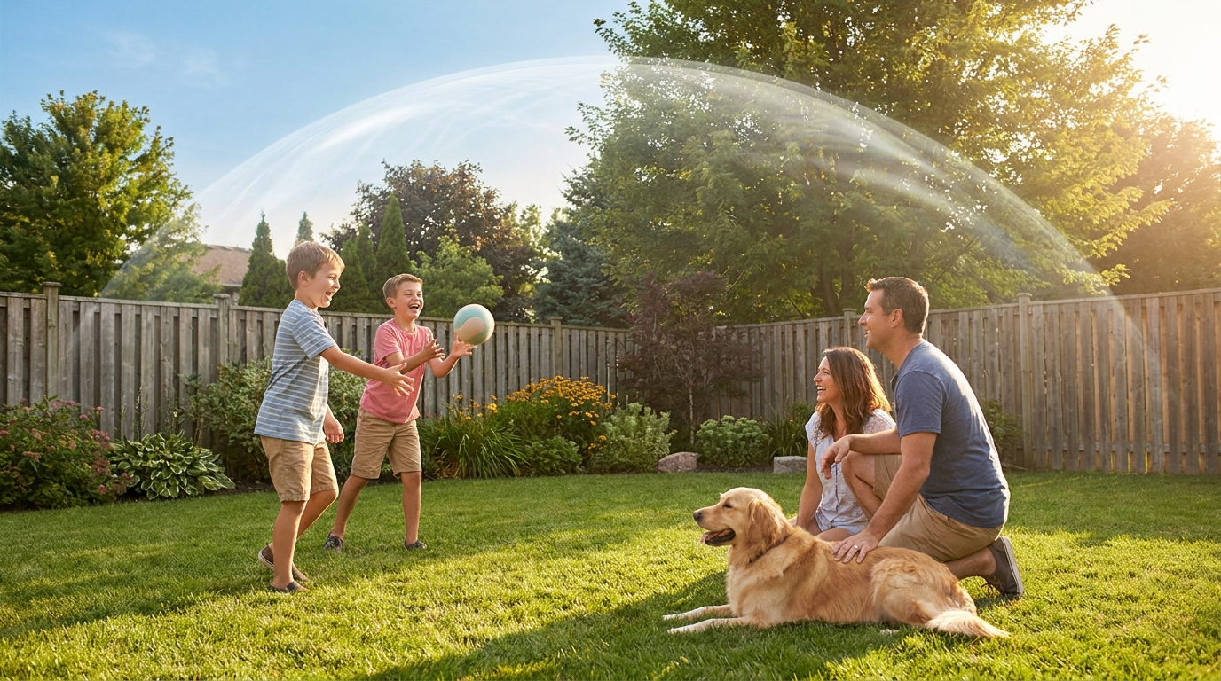Семья с детьми и собакой отдыхает на защищённом участке после обработки от клещей